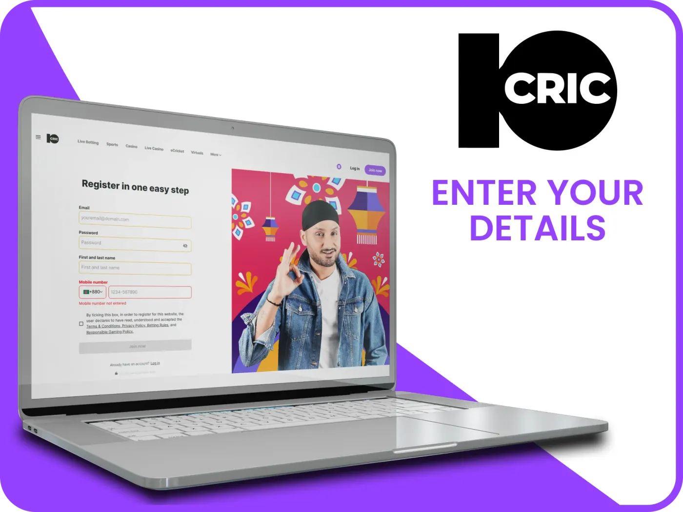 Enter your details and set up your profile 10Cric.