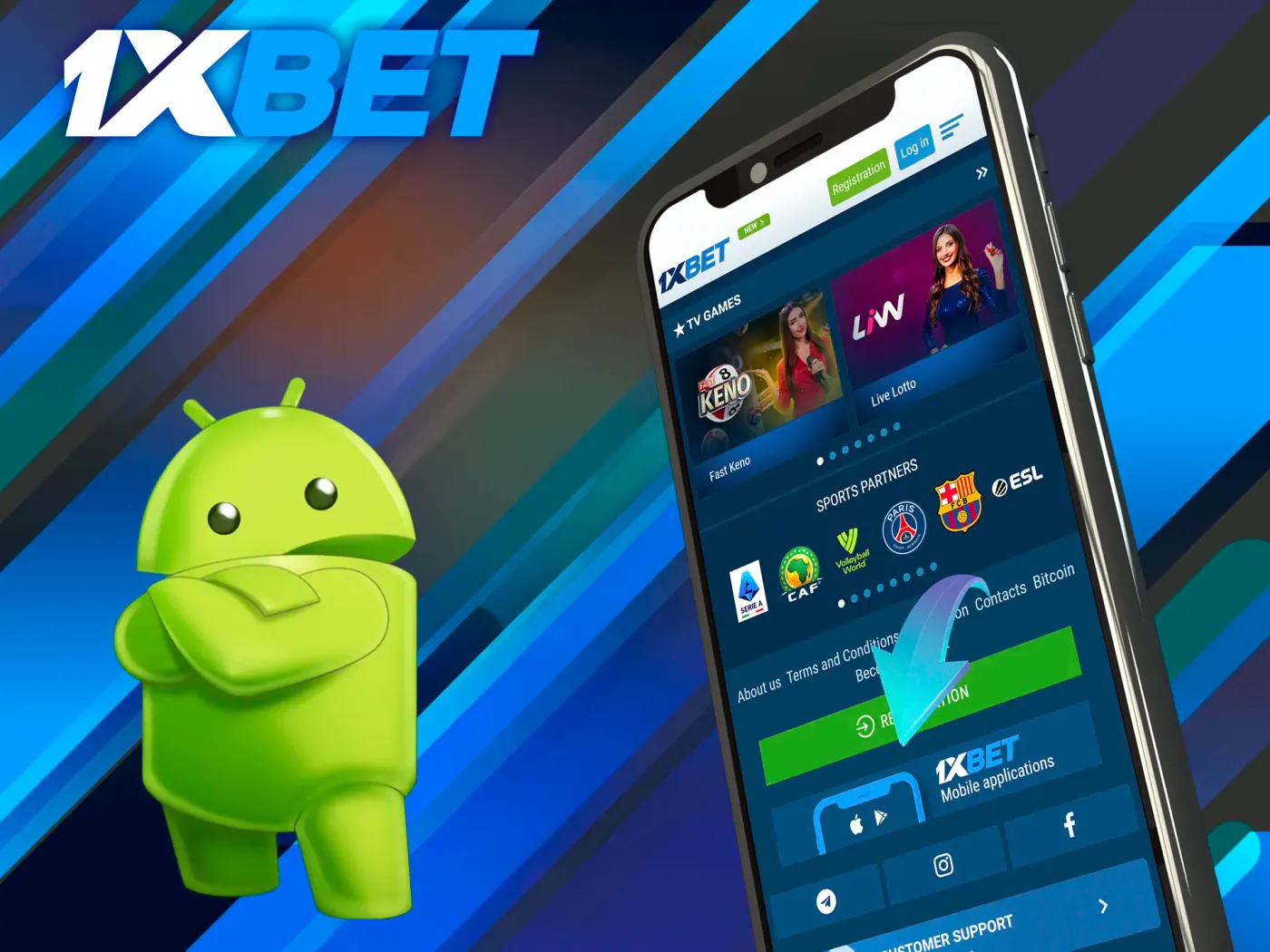 Find the App section at the 1xBet homepage.