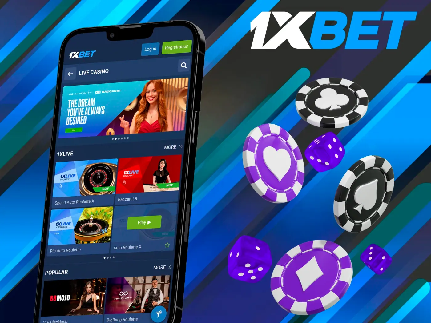 Enjoy live casino games at the 1xBet app.
