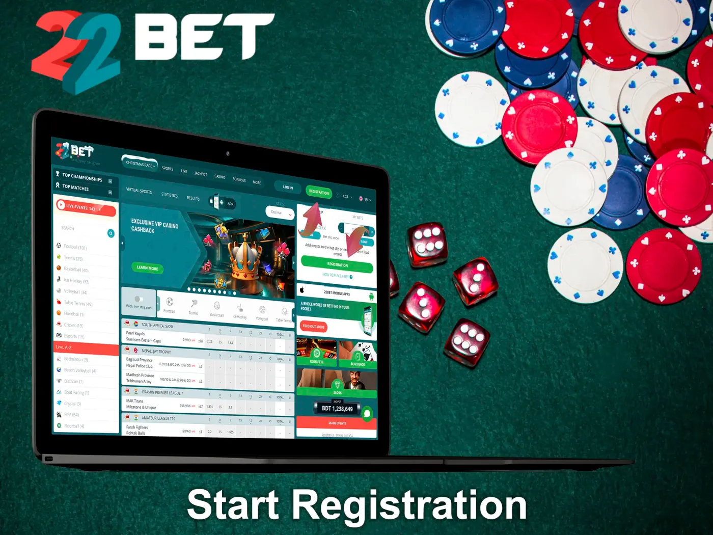Find and click the Registration button at 22Bet.