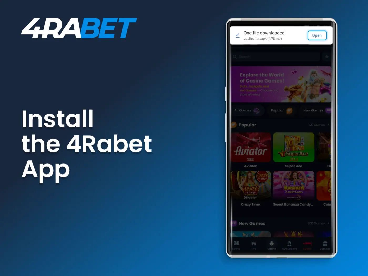 Launch the installation process for the 4Rabet casino app.