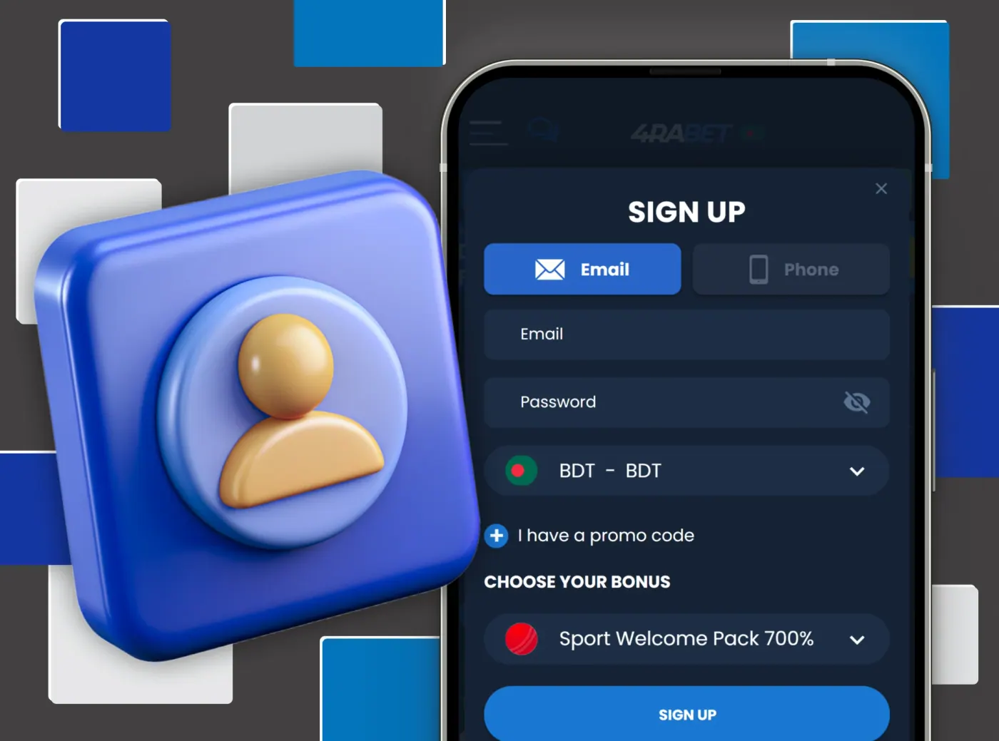 Sign up in the 4Rabet casino app.