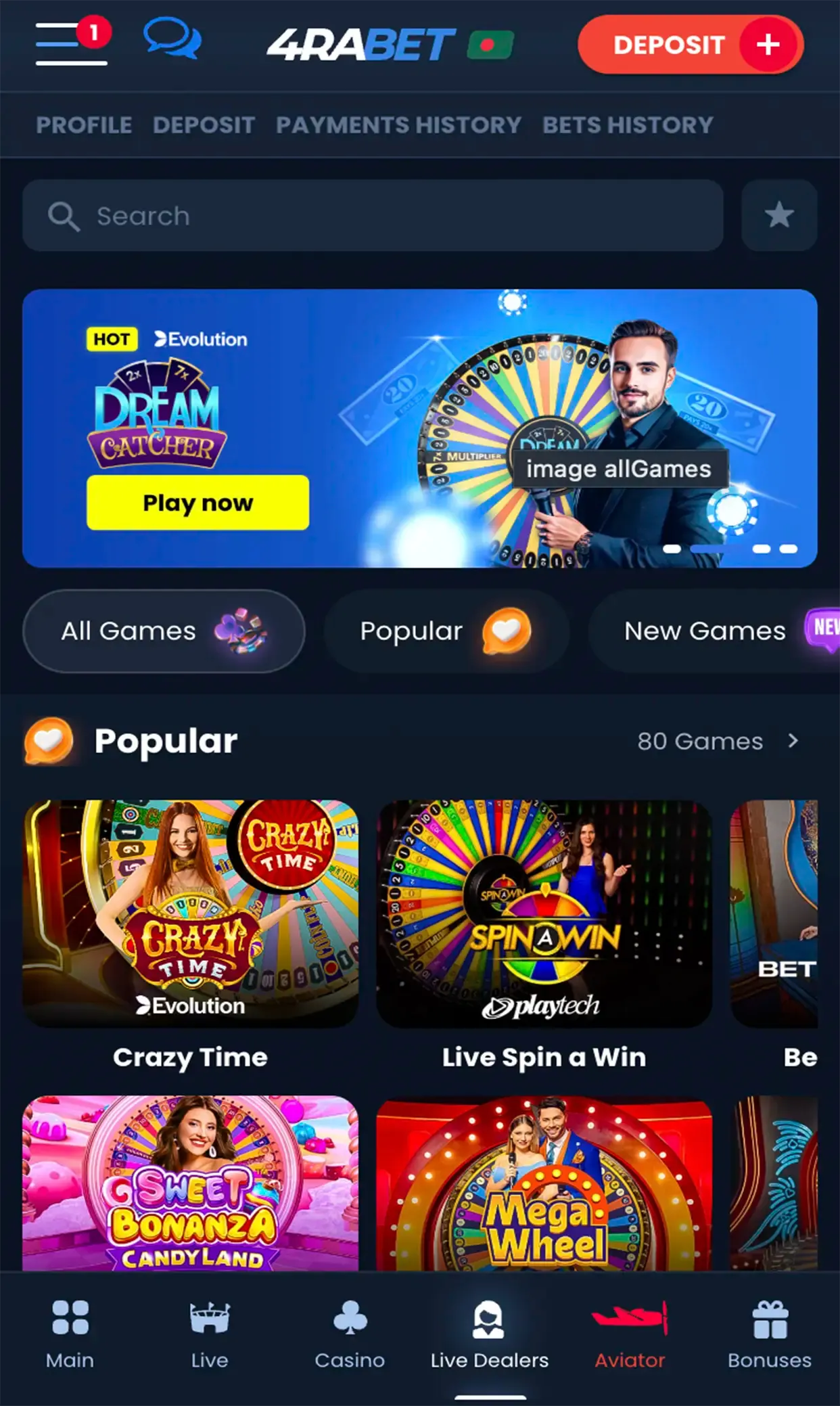 Popular live casino games from 4Rabet.