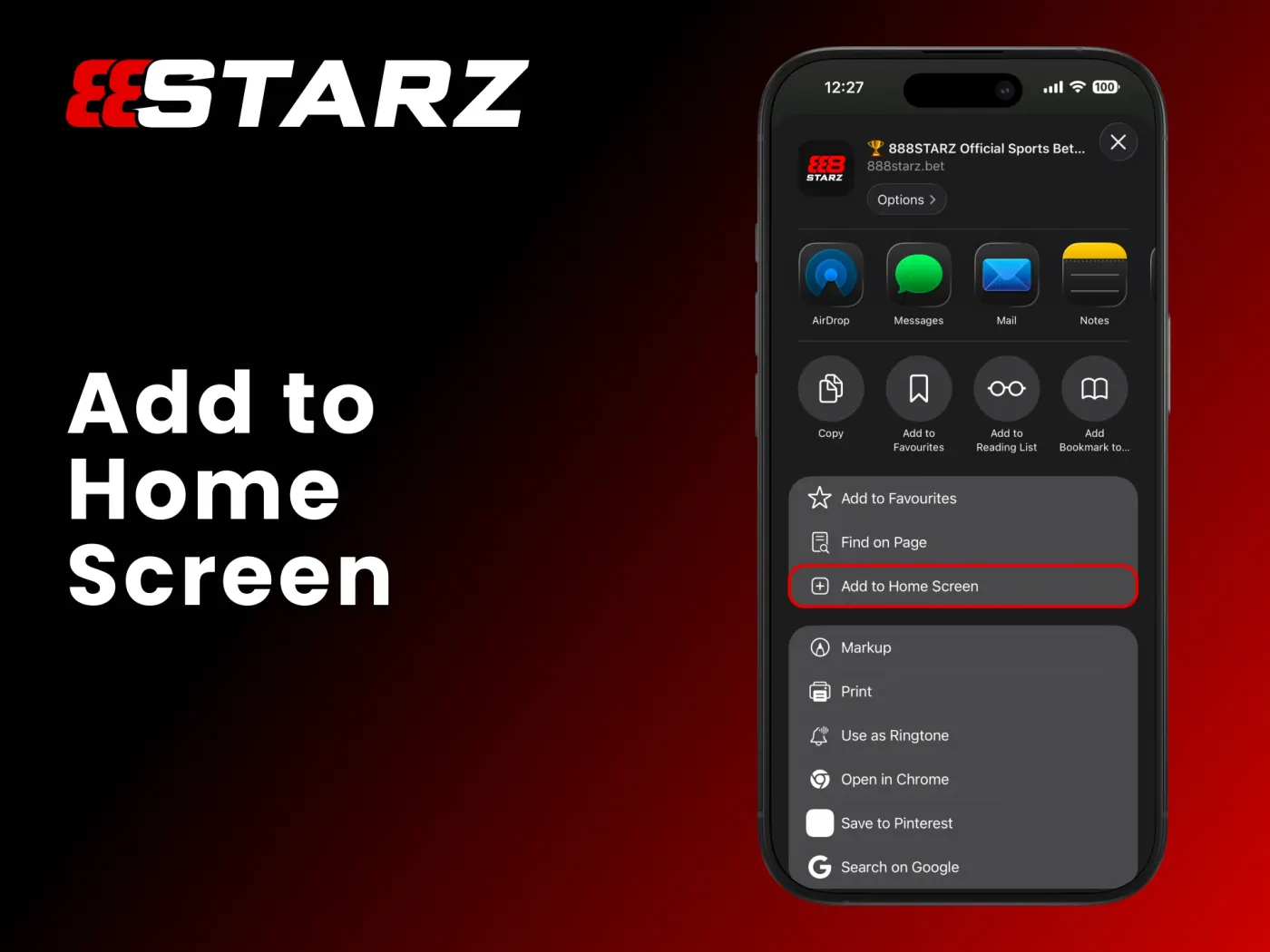 Add the 888Starz site to your home screen.