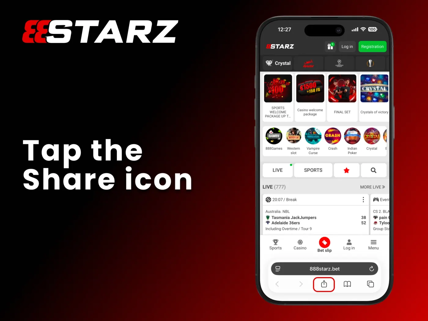 Tap the 888Starz Share icon at the bottom of the screen.