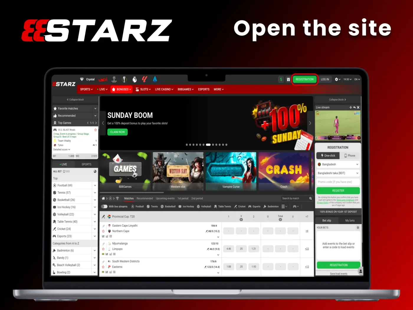 Open the 888Starz site and click the registration button.