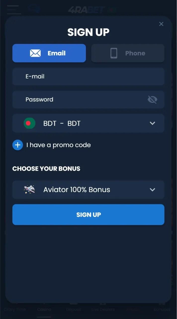 Create your mobile casino app account.