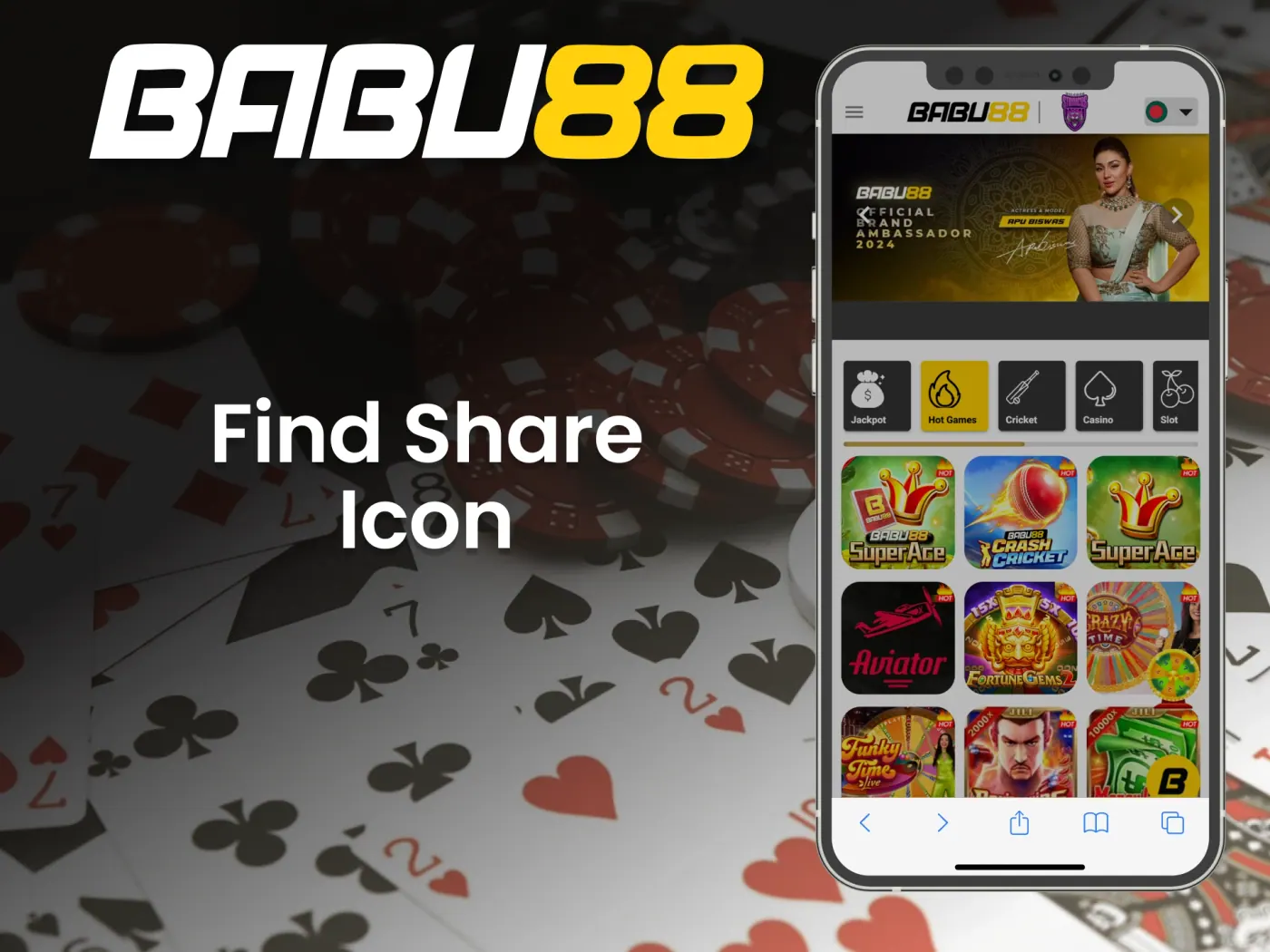 Press "Share" icon to bookmark the Babu88 online casino on your device.