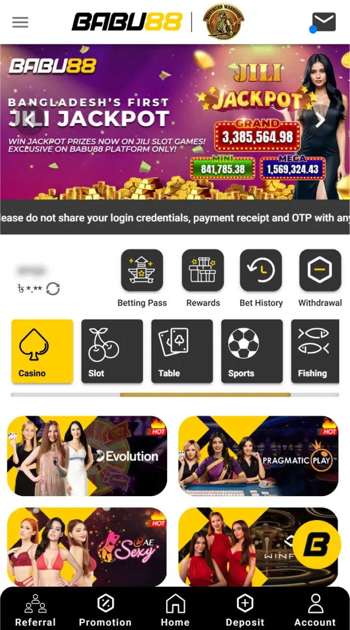 The Babu88 app includes a live casino area featuring real dealer games.
