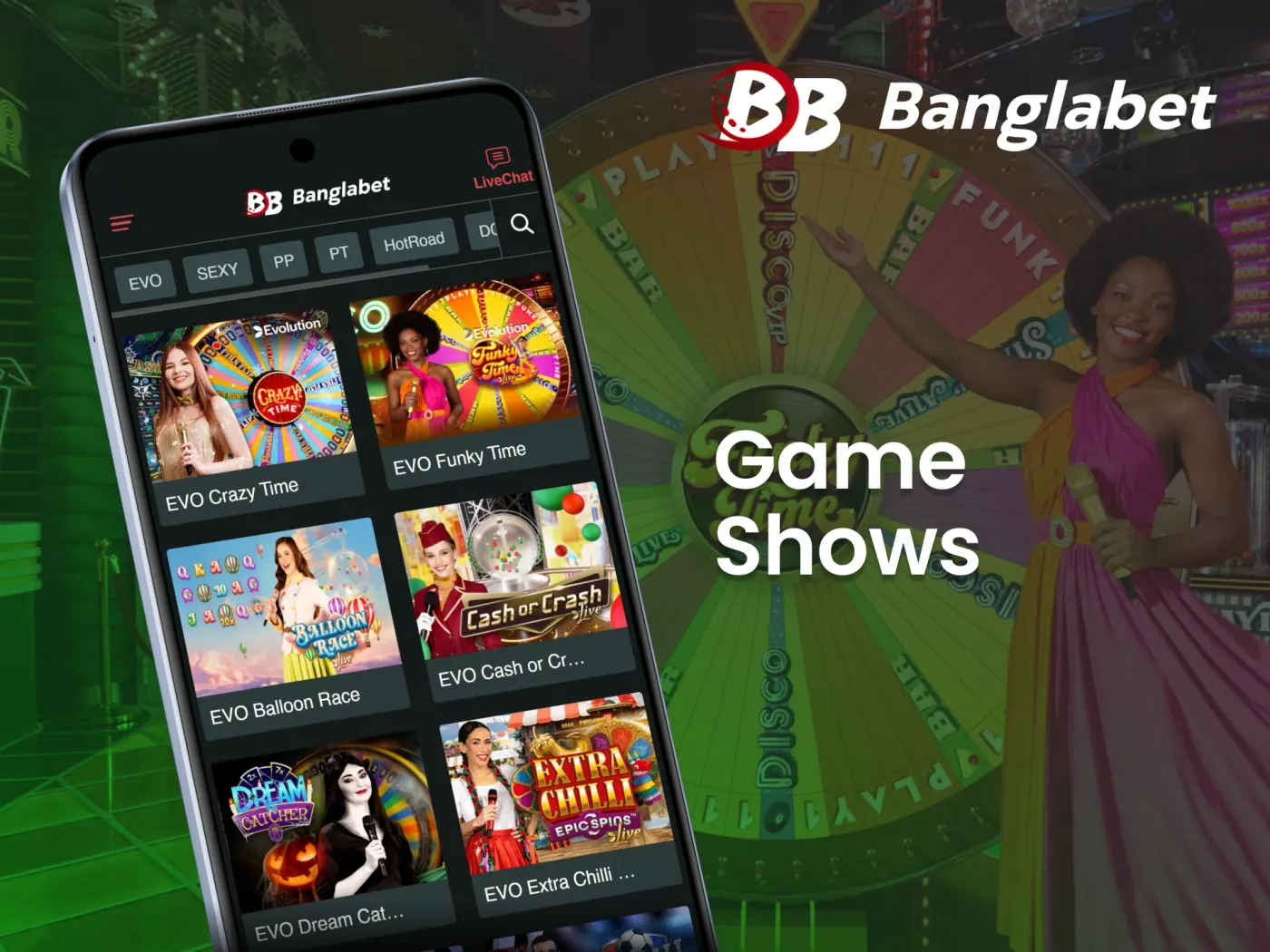 Enjoy entertaining TV-style game shows through the Banglabet app.
