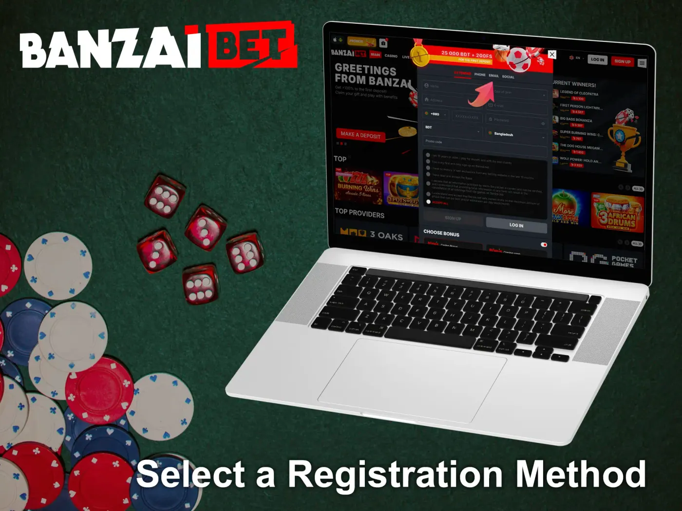 Choose how to register at BanzaiBet platform.