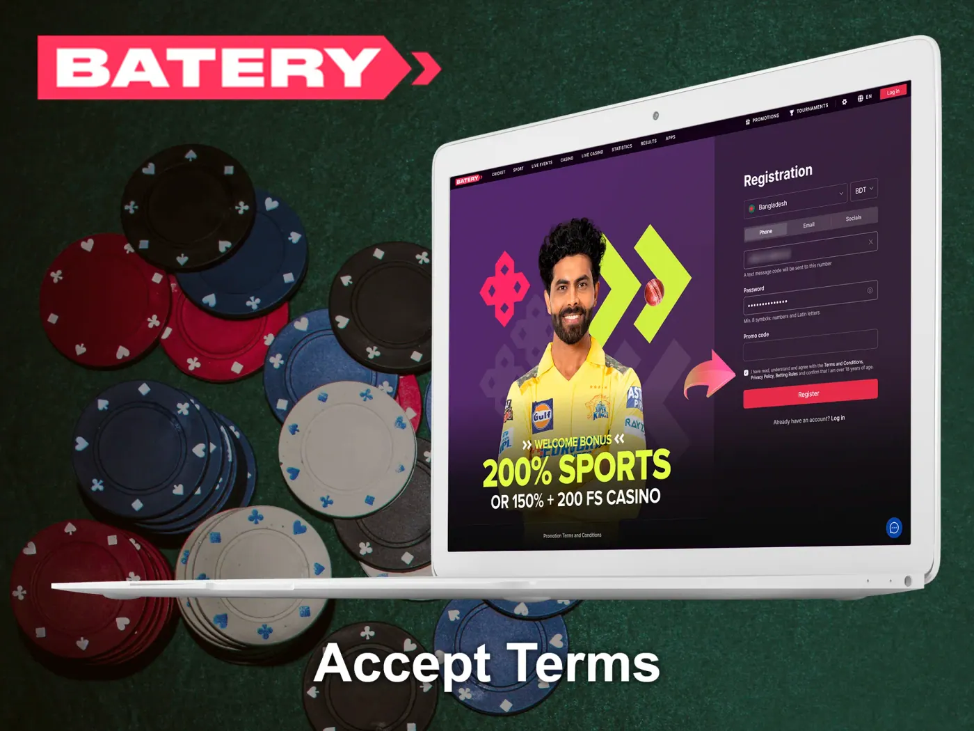 Tick the box to accept Batery platform's terms.
