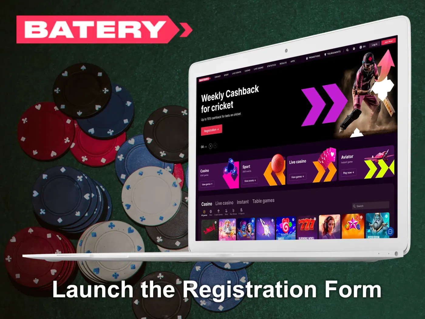 Click on the Join Now button on the Batery casino's homepage.