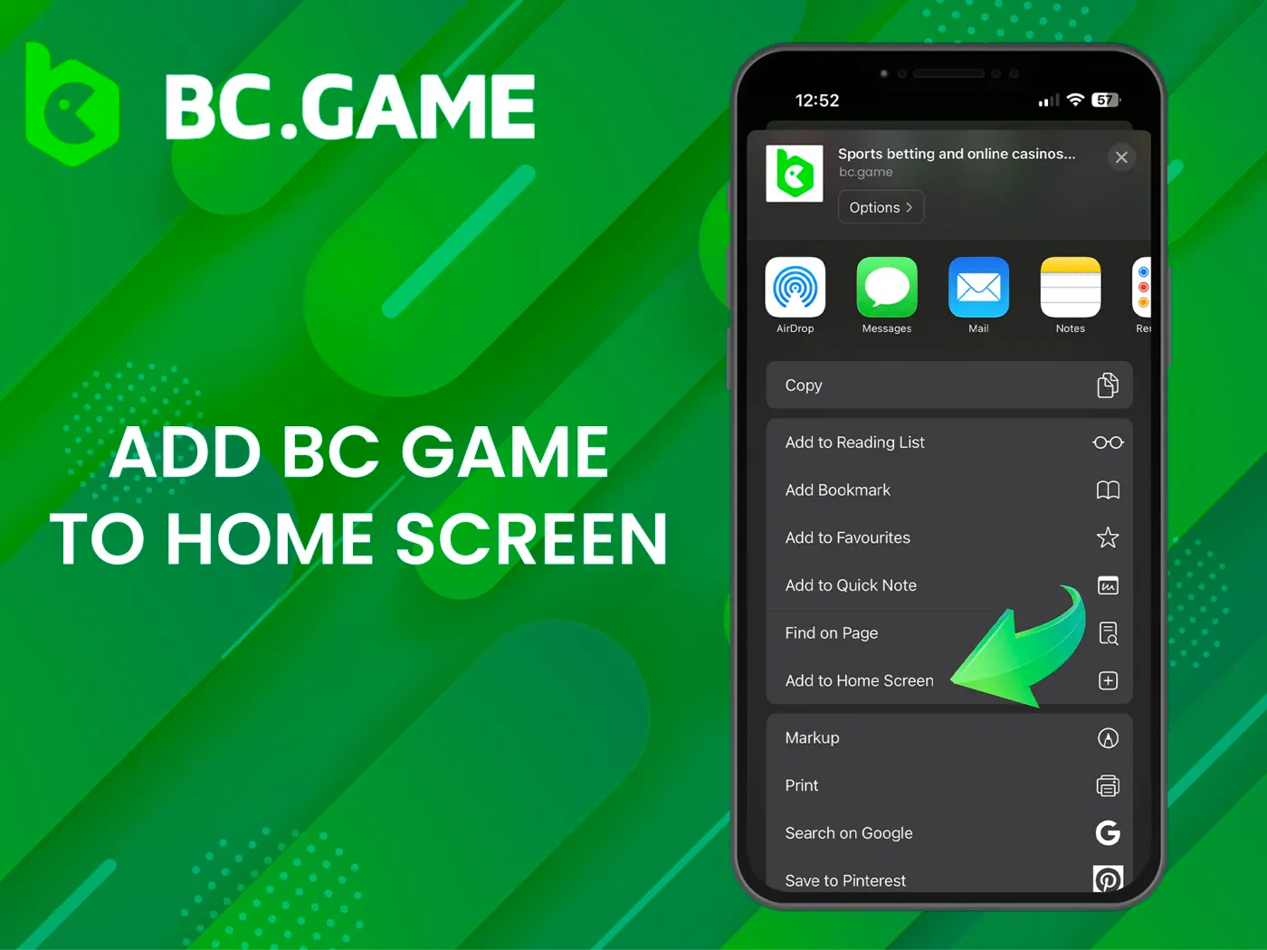 Choose Add to Home Screen to install BC Game.