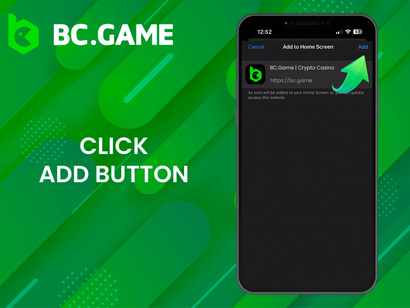 Tap Add to continue BC Game app installation.
