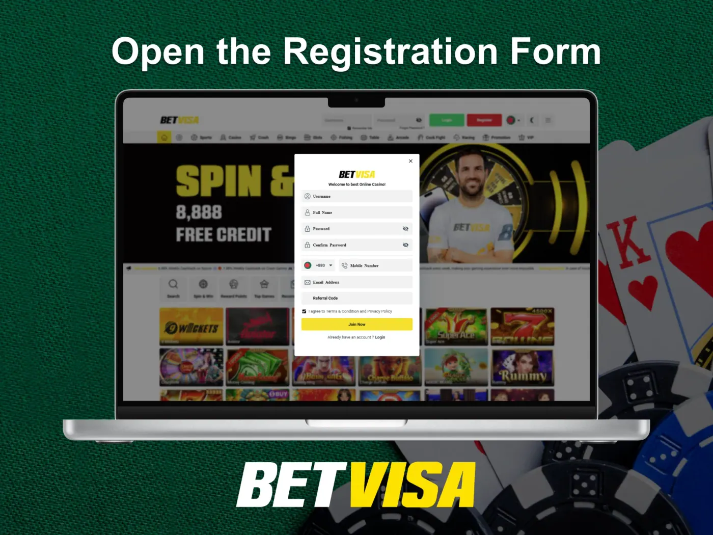 Open the registration form on the Betvisa online casino website.