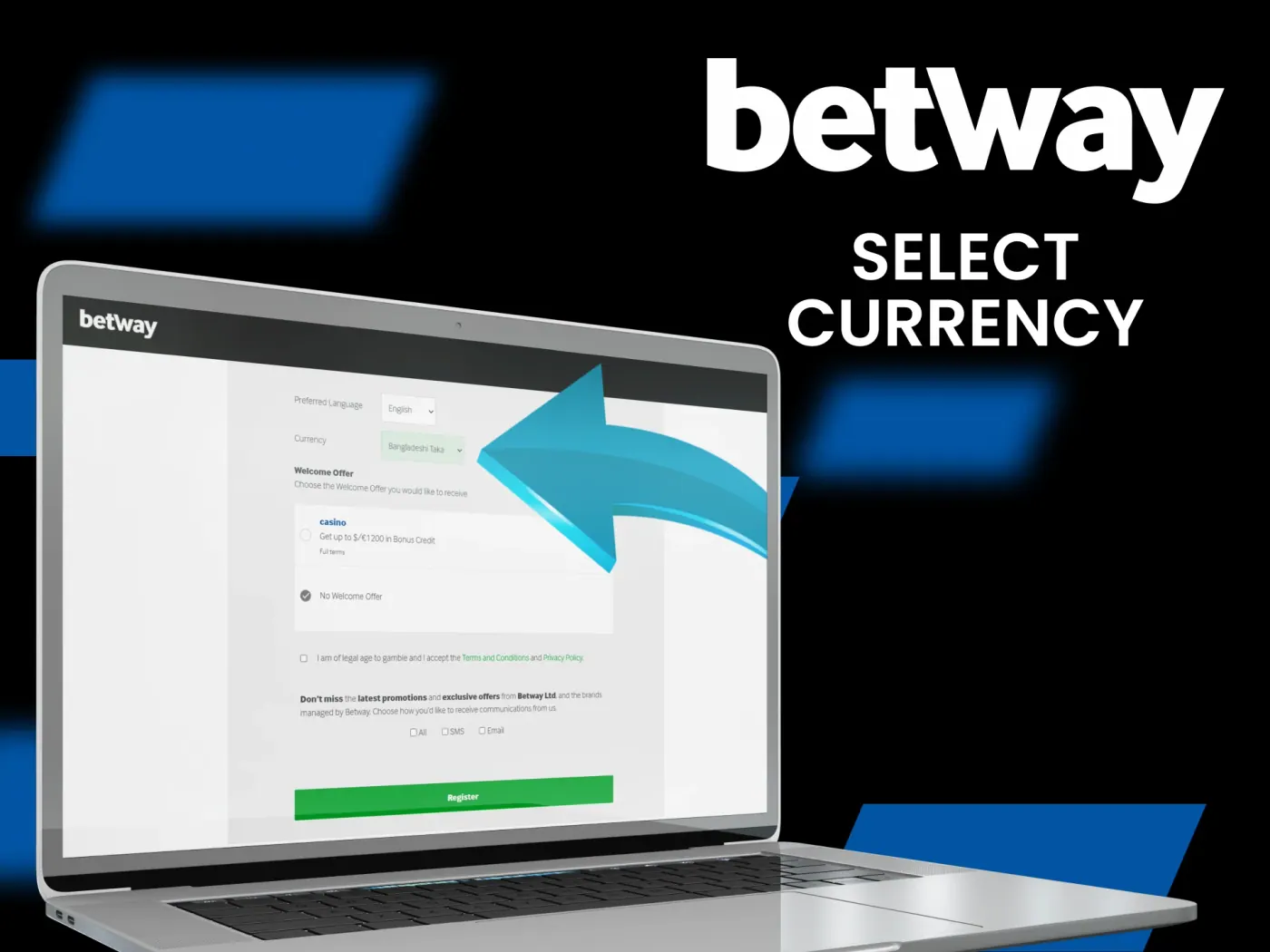 Select currency at Betway.