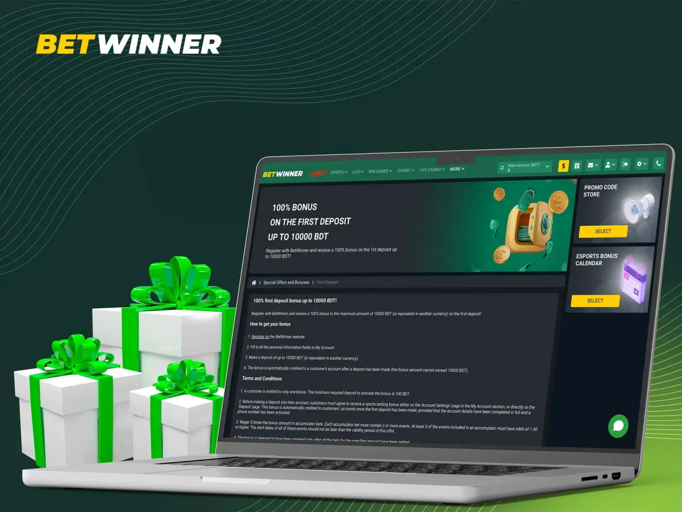 Betwinner first deposit bonus for new players.