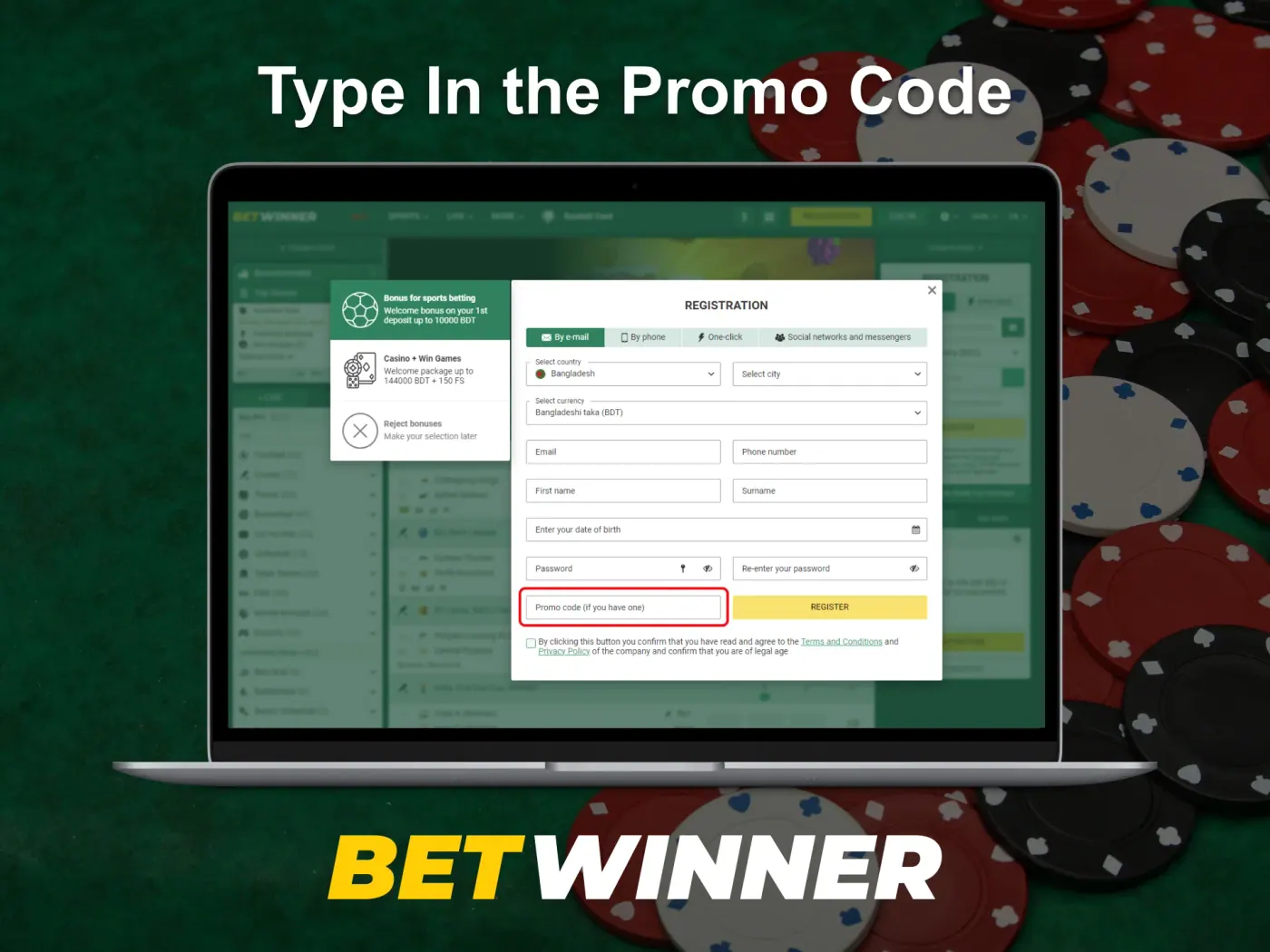 Enter the promotional code on the Betwinner website.