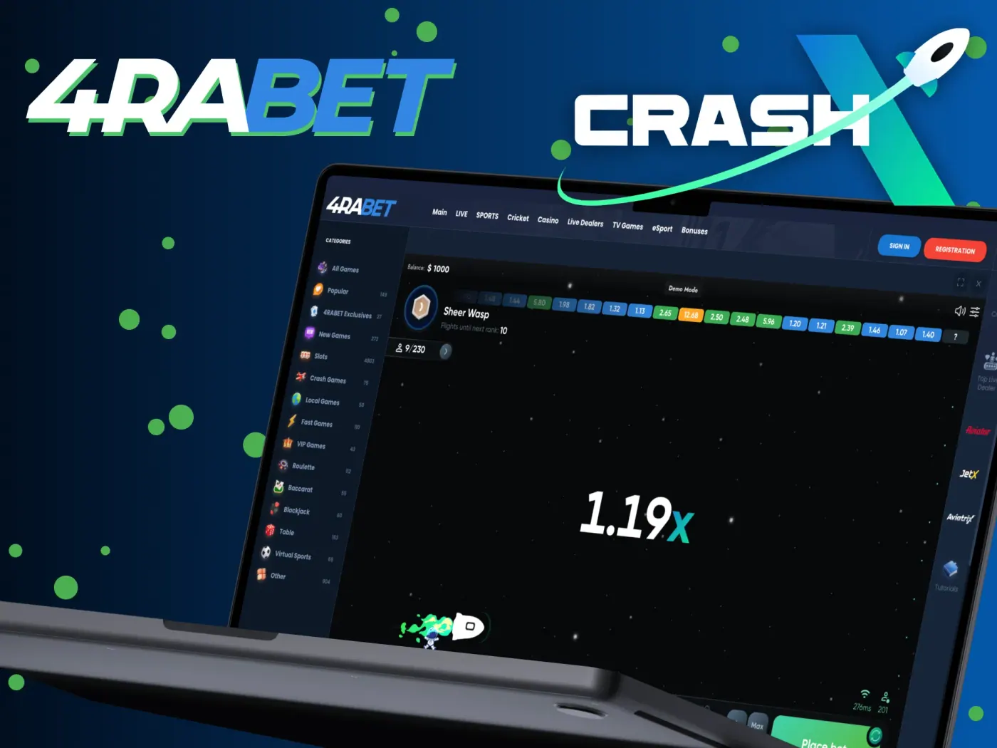 Crash X in the 4rabet casino lobby.