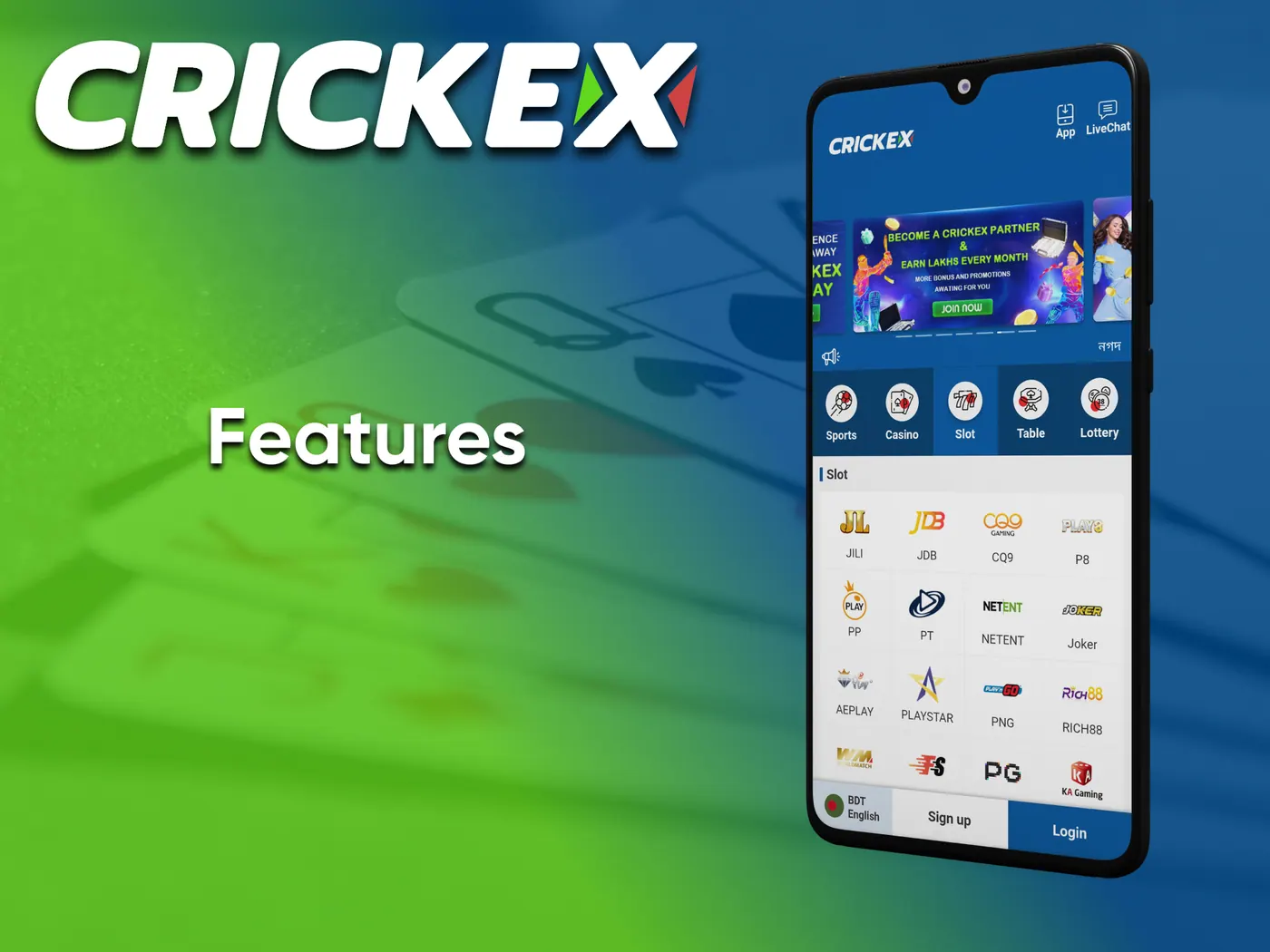 Features of the Crickex casino app.