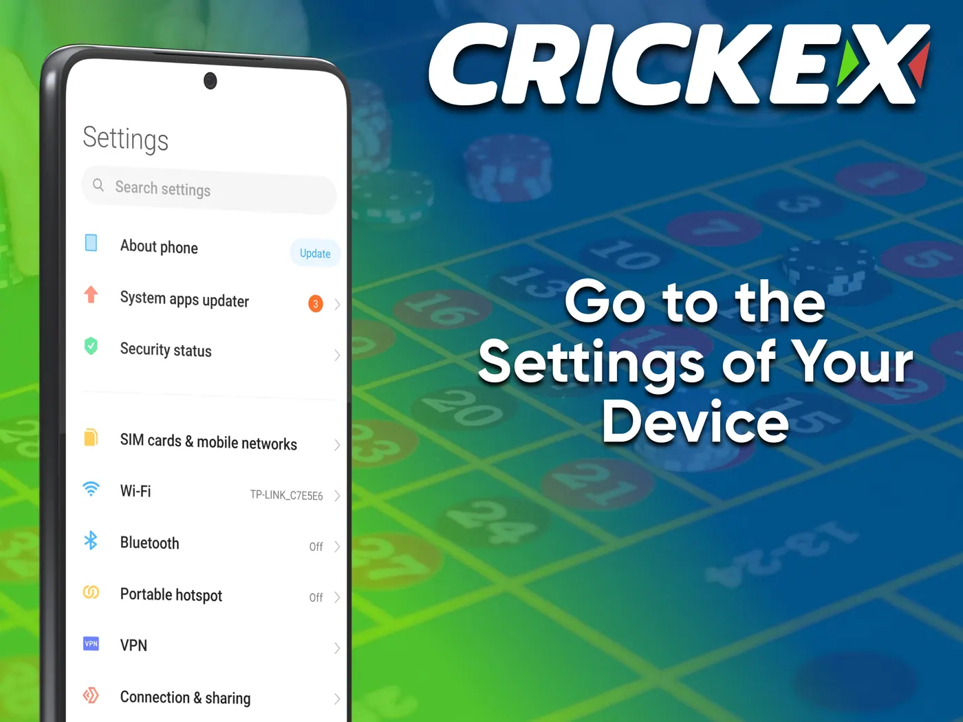 Use the settings device to install the Crickex app.