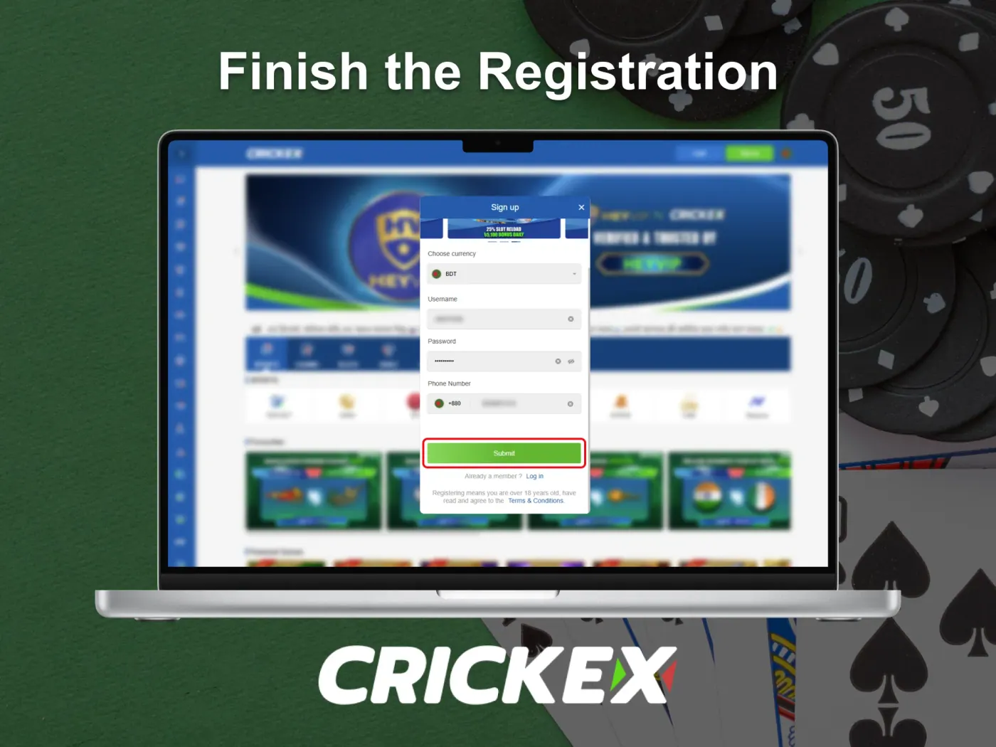 Complete the registration process on Crickex.