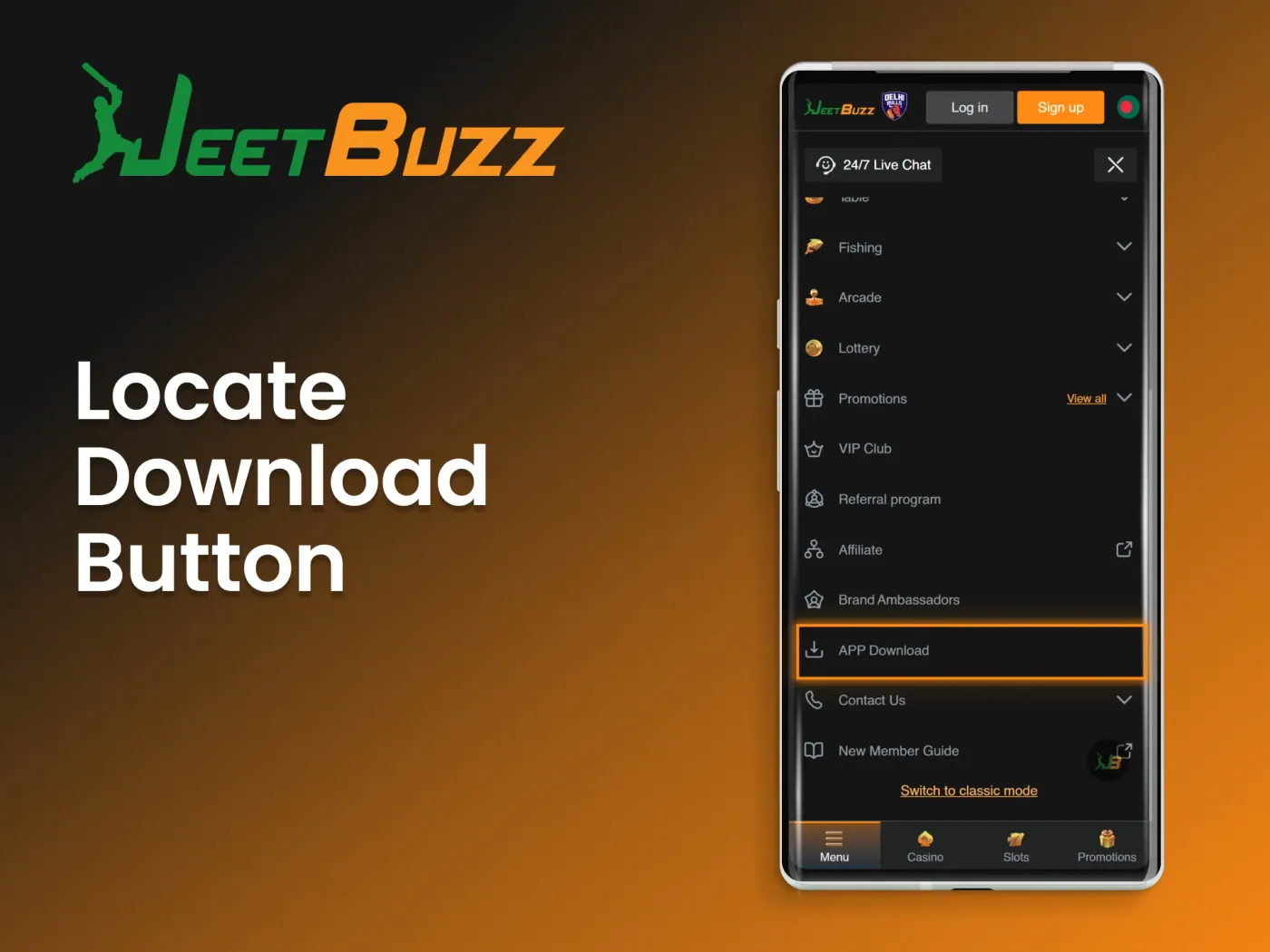 Locate the download button for Android to start getting the JeetBuzz APK file.