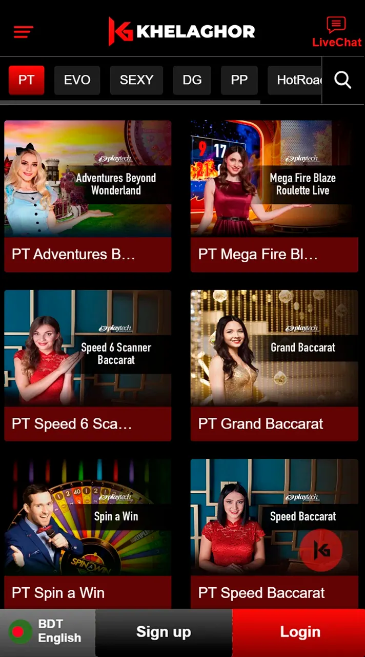 Play casino games with live dealers at Khelaghor app.