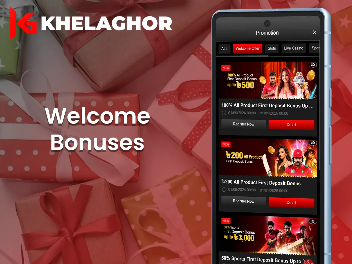Bonuses and promotions for newcomers at Khelaghor app.
