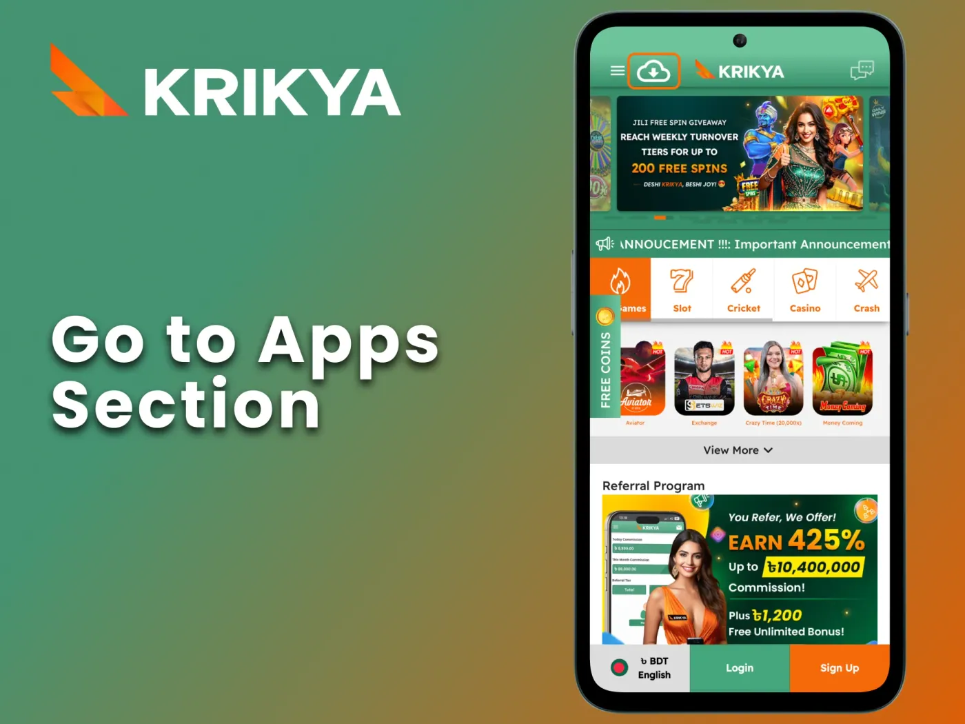 Press the Krikya betting App Bangladesh button.