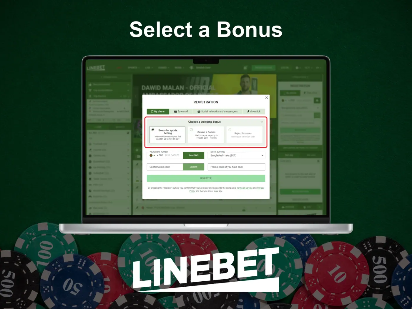 Select the reward you prefer at Linebet casino.