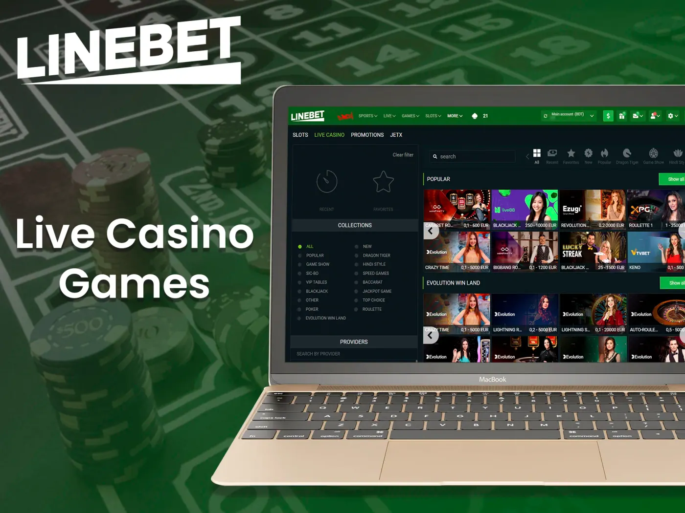 Enjoy online casino games hosted by real dealers at Linebet.