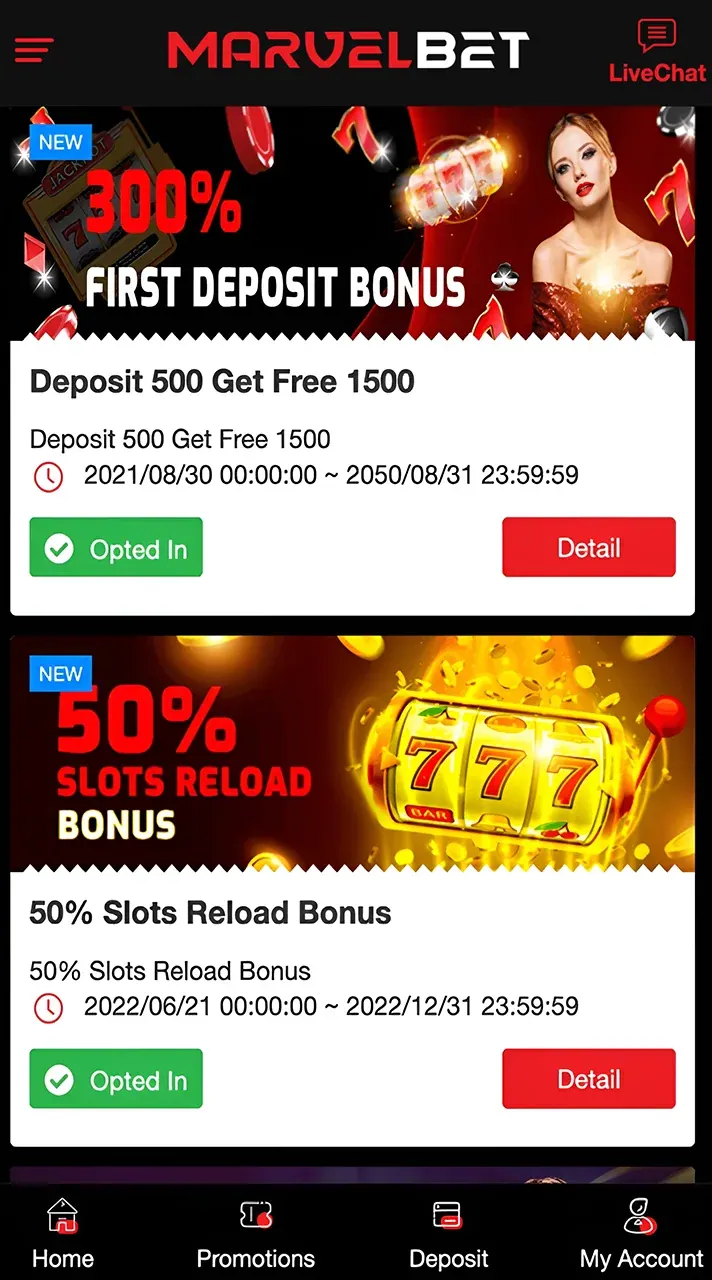 Marvelbet bonuses page.