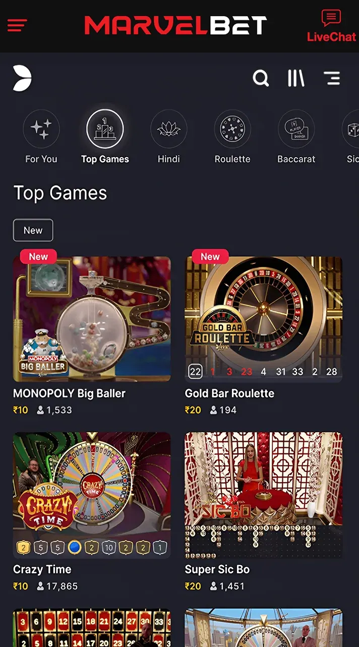 Marvelbet live casino page.