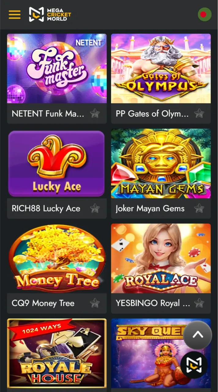 The Mega Cricket World app offers a rich variety of casino games.