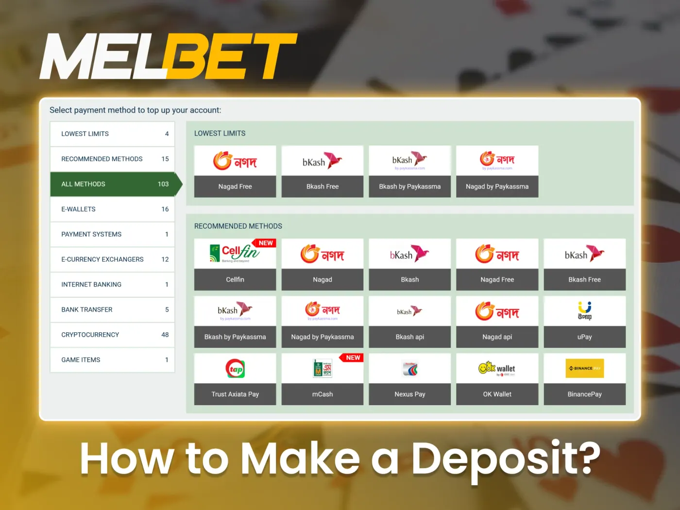 Top up your Melbet account using one of the available payment systems.