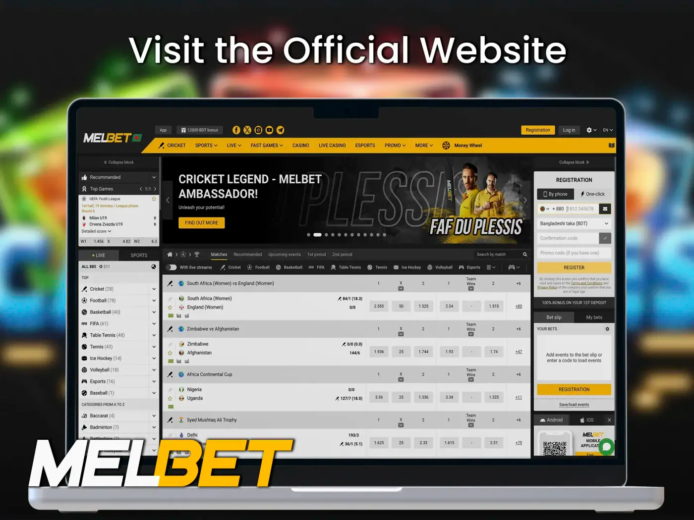 Enter the Melbet website address in your browser.