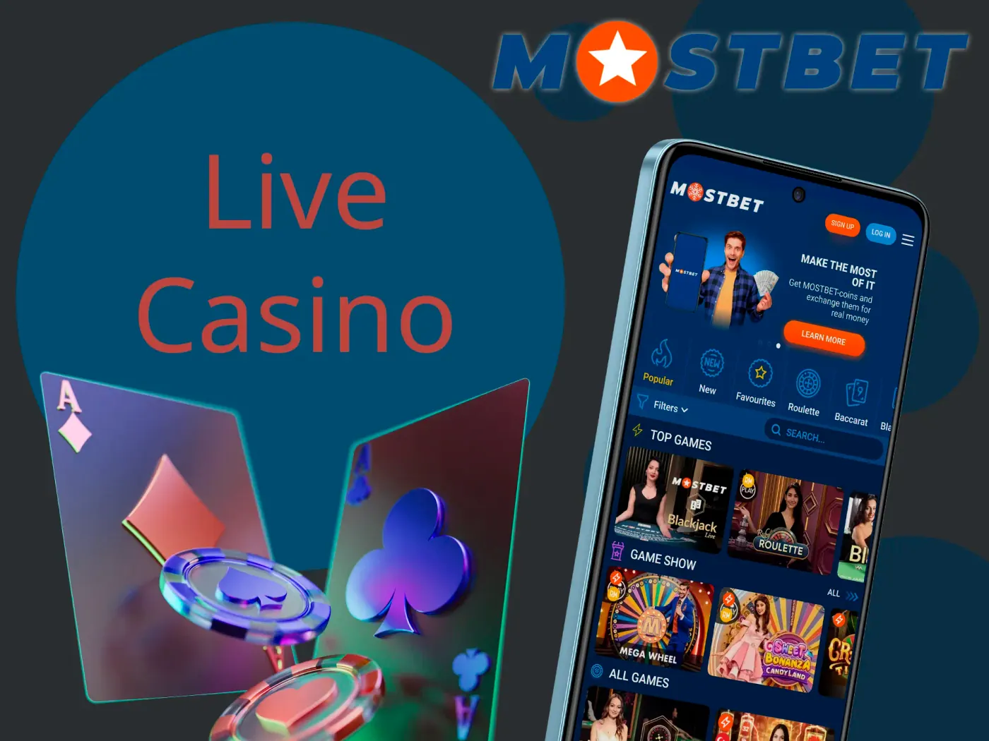 Try live casino games with real dealers at Mostbet app.