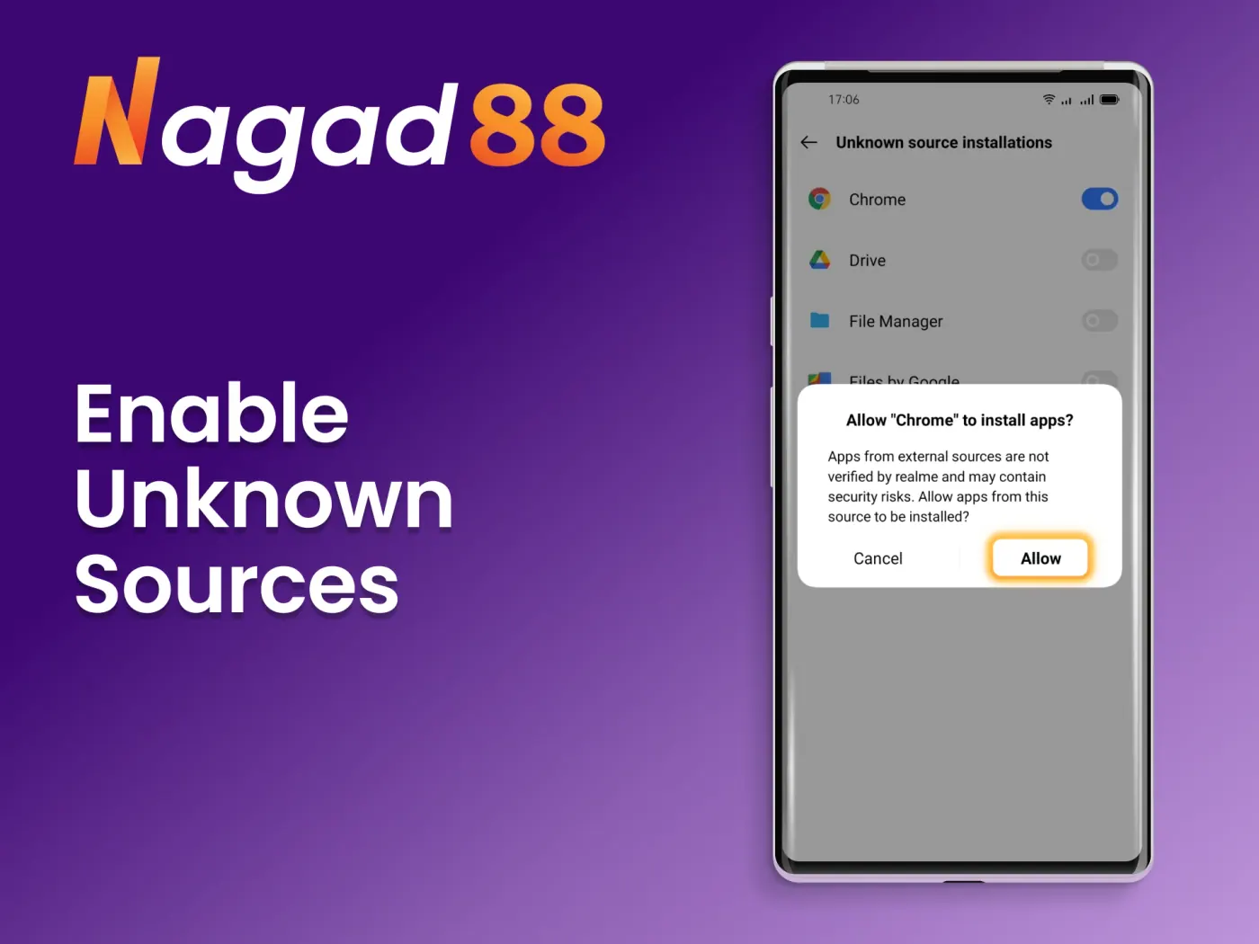 Enable installation of the Nagad88 online casino app.