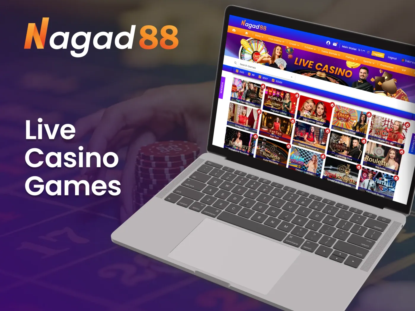Find live dealer games at the Nagad88 online casino.
