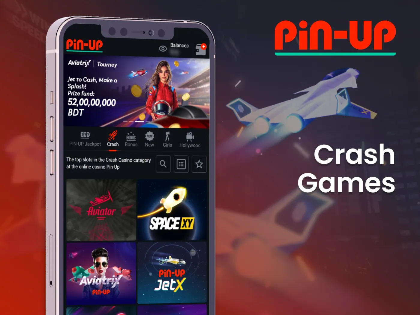 Crash games section in the Pin Up casino app.