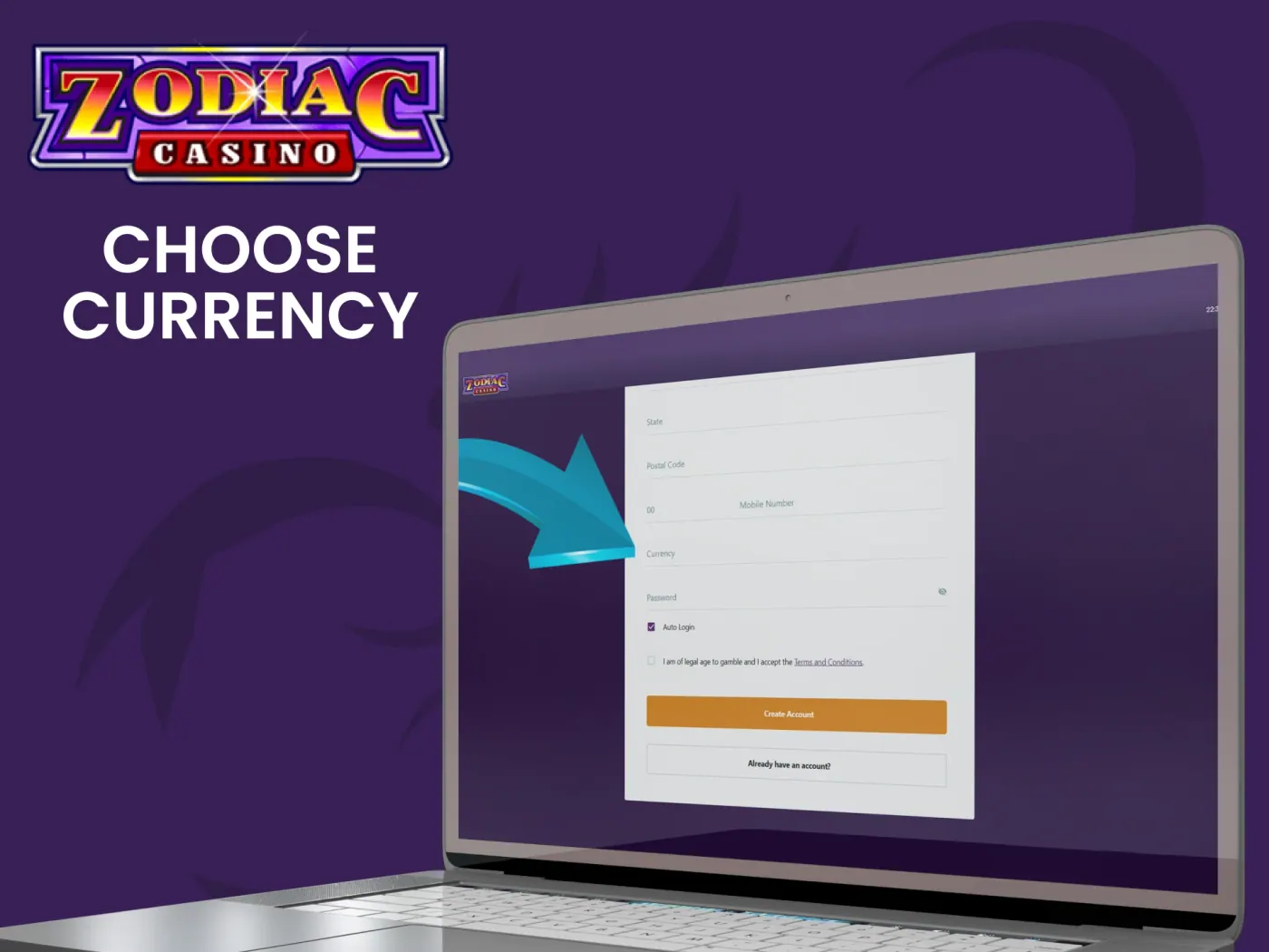 Choose your preferred currency and get ready to play at Zodiac.